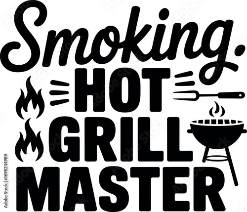 Smoking hot grill master kitchen typography design with flames and bbq utensils for food lovers