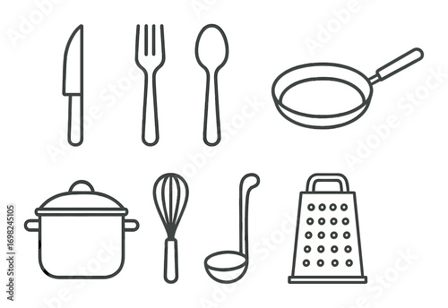 Kitchen utensils silhouette collection: knife, fork, spoon, pan, pot, whisk, ladle, grater