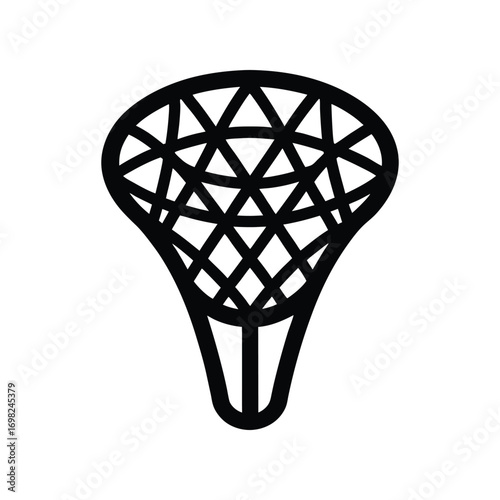 Stylized black line icon of a lacrosse stick head featuring a complex geometric triangular mesh net, a modern vector symbol of the sport
