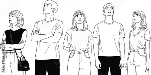 Diverse group of young adults looking upwards with curiosity and anticipation.