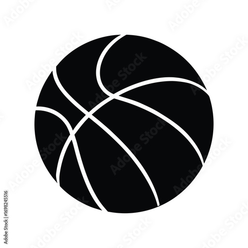 A monochrome basketball silhouette vector illustration isolated on a white background. This simple black sports equipment icon is a versatile graphic element for game design or team emblems