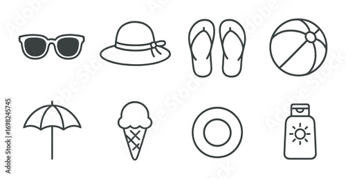 Summer essentials: sunglasses, hat, flip-flops, beach ball, umbrella, ice cream, lifebuoy, sunscreen