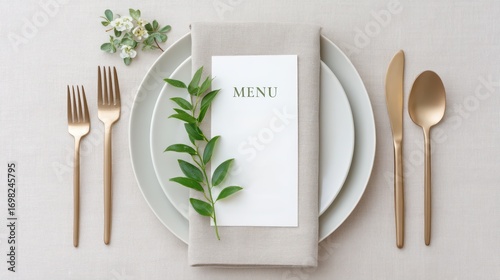 weekday wedding vibes Elegant table setting featuring a menu, decorative leaves, and stylish cutlery on a textured surface.