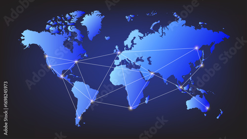 Digital blue world map with glowing connection points and network lines. Modern concept design representing global communication, internet, technology, and worldwide connectivity.