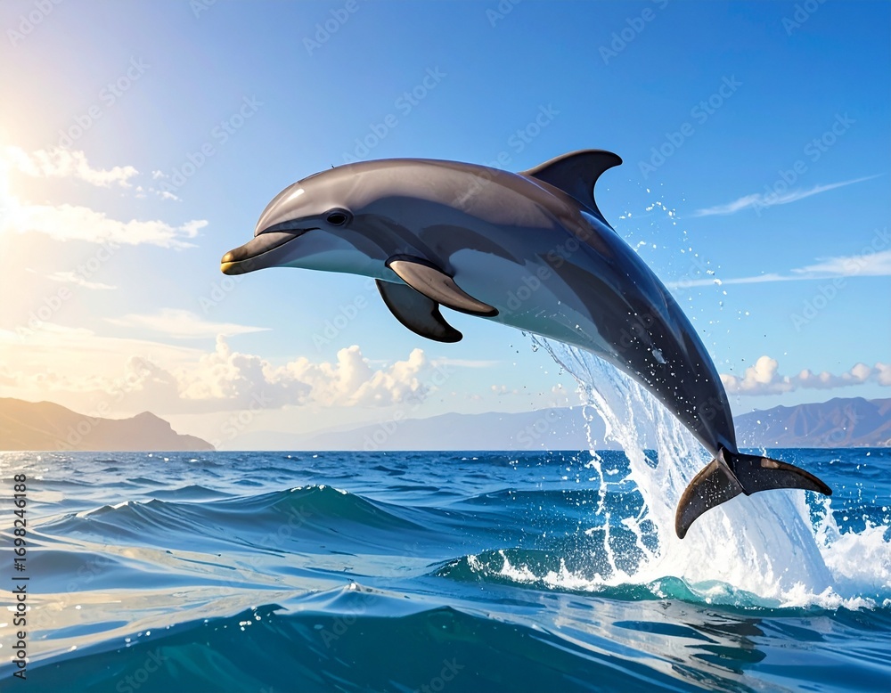 Fototapeta premium Dolphin leaps from the ocean, sunlight reflecting on its sleek body, showcasing marine life