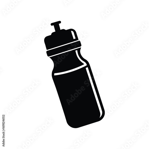 Vector graphic illustration of a sports water bottle in a clean, black silhouette style. An isolated icon representing hydration, fitness, and exercise, from a collection of design elements