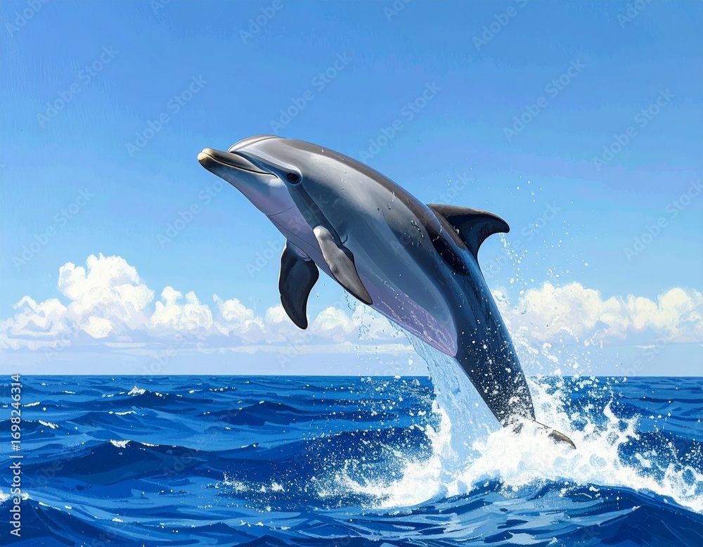 Fototapeta premium Majestic marine mammal, a beautiful dolphin, leaps with grace from the ocean's sparkling waves