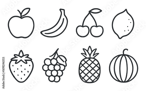 Minimalist fruit icons featuring apple banana cherry and more