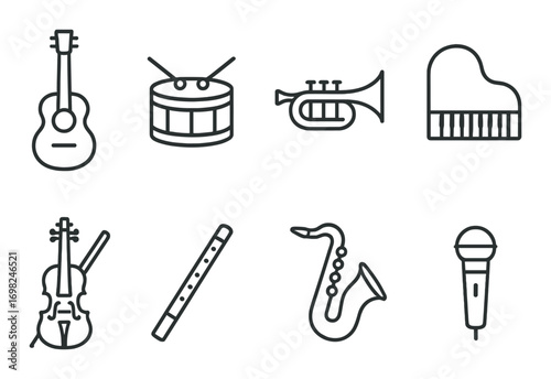 Musical instrument icons: guitar, drum, trumpet, piano, violin, flute, saxophone, microphone