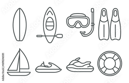 Outline icons of surfboard, kayak, snorkel gear, sailboat, jet ski, and lifebuoy