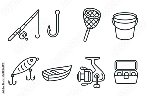 Outline icons of fishing gear: rod, hook, net, bucket, lure, boat, reel, tackle box