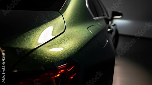 A detailed close-up of a luxury car's body with a sparkling green chameleon paint finish