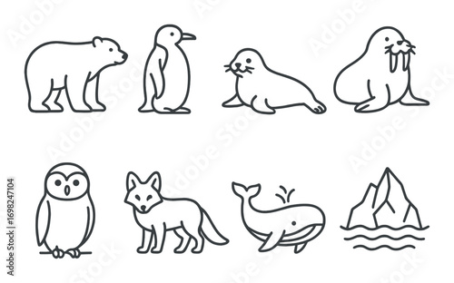 Arctic animals: bear, penguin, seal, walrus, owl, fox, whale, iceberg icons on gray background