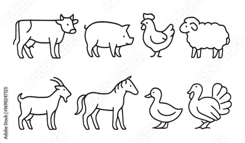 Line art farm animals: cow, pig, chicken, sheep, goat, horse, duck, turkey