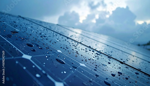 Water drops on a solar panel on a rainy and cloudy day.