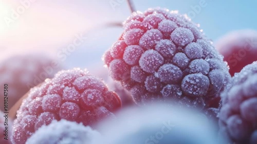 Wallpaper Mural Frozen Raspberry Macro Frosty Berry Cold Dessert Closeup Natural Fruit Icy Surface Fresh Healthy Sweet Vibrant Color Morning Light Blue Background Torontodigital.ca