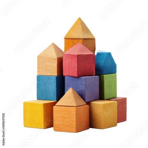 Colorful Wooden Blocks Stacked in Various Shapes, Showcasing a Bright and Creative Arrangement for Children's Play and Learning Activities