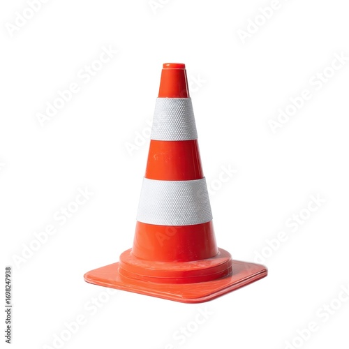 A Bright Orange Traffic Cone on a White Background, Serving as a Cautionary Symbol in Road Safety and Construction Zones, Enhancing Visibility and Awareness