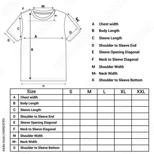 T Shirt Technical Drawing size chart vector Illustration