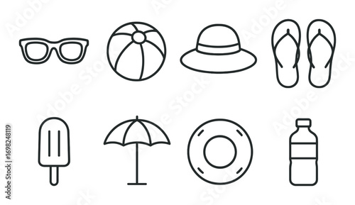 Beach icons: sunglasses, hat, flip-flops, ball, popsicle, umbrella, lifebuoy, bottle