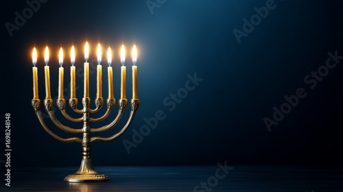 Elegant Hanukkah Menorah with Glowing Candles on Blue Background Representing Jewish Festival of Lights