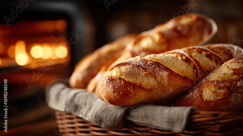 Freshly baked baguettes in wicker basket near warm oven, showcasing rustic and cozy kitchen atmosphere