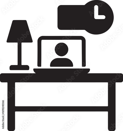 Remote work desk setup icon, home office, computer workspace, productivity EPS vector.