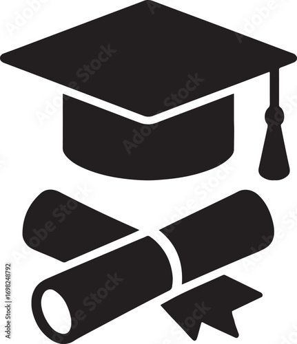 Student cap with diploma icon, graduation, education achievement, academic success EPS.