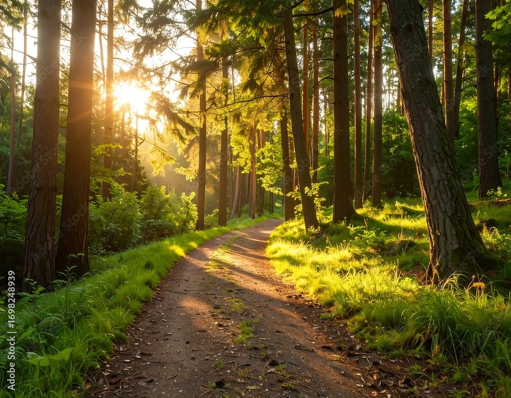 Obraz premium Sunlight path through a lush forest