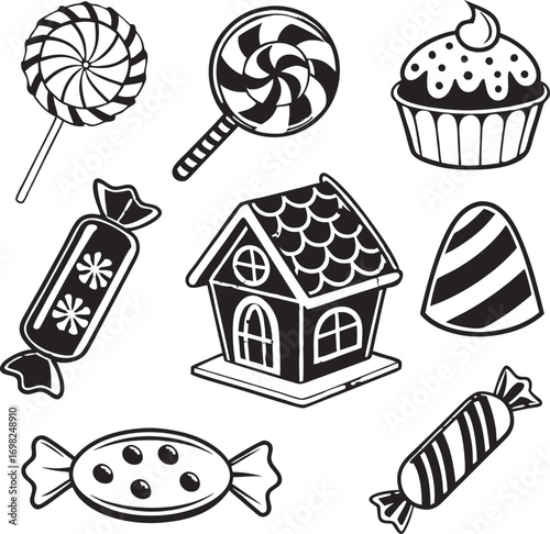 Black and white candies and gingerbread house set