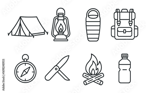 Camping essentials: tent, lantern, sleeping bag, backpack, compass, knife, campfire, water bottle