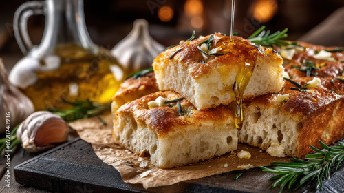 Golden focaccia bread drizzled with olive oil, garnished with rosemary and garlic, on rustic wooden board
