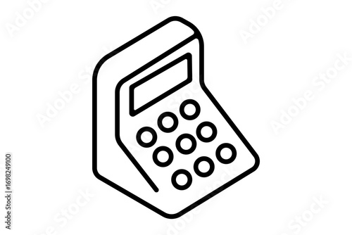 This image shows a simple isometric illustration of a calculator. The design features a rectangular device with a display screen on top and several round buttons below, symbolizing numbers 