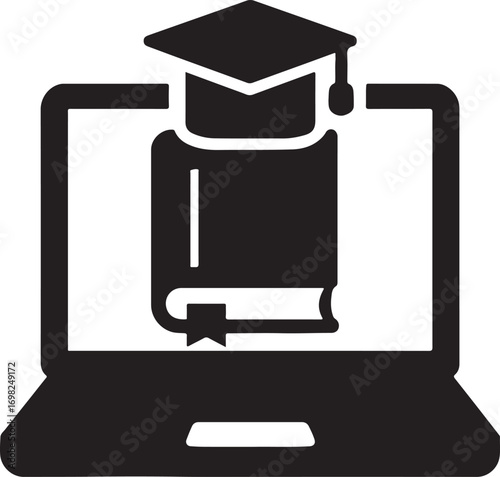 E-learning laptop icon, online education, digital learning, courses, and study EPS vector.