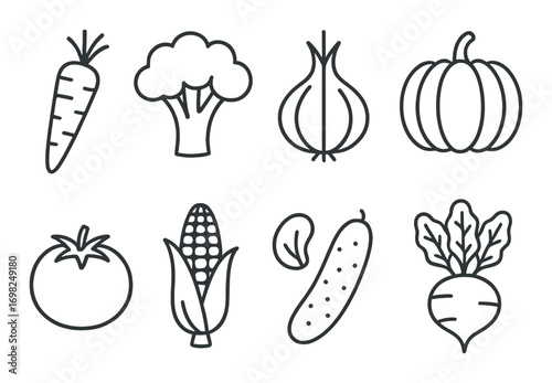 Monochrome outline icons of vegetables including carrot and broccoli