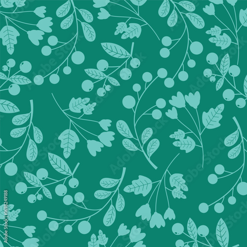 Seamless Botanical Pattern with Leaves and Berries on Green Background 