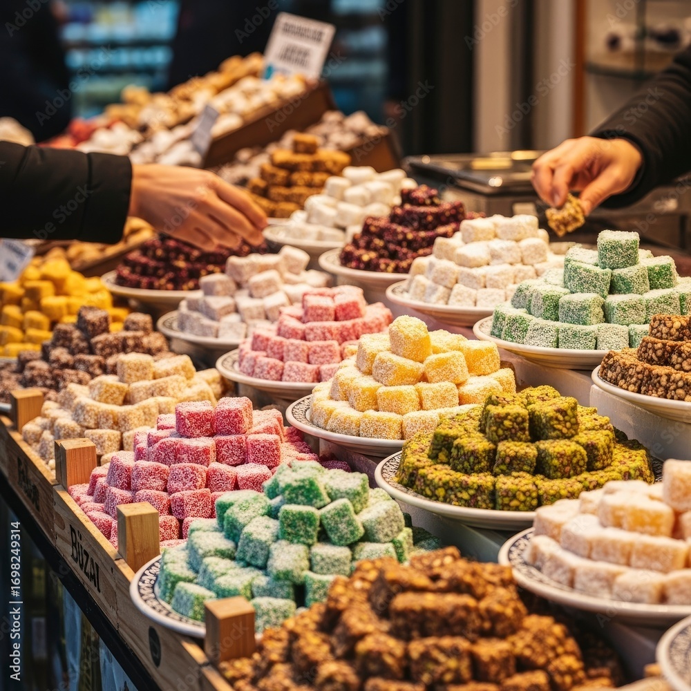 Fototapeta premium A vibrant and colorful display of traditional Turkish delight (lokum) in a market, with hands reaching for the sweet treats, showcasing a variety of flavors and textures.