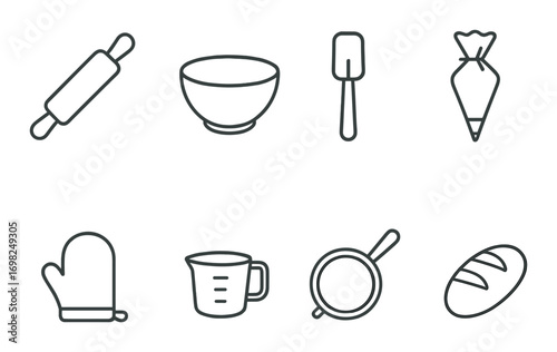 Baking essentials: rolling pin, bowl, spatula, piping bag, oven mitt, measuring cup, sifter, bread