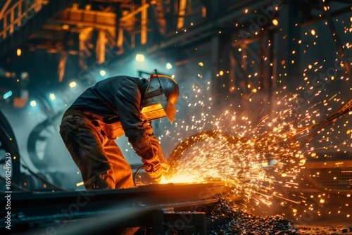 Industrial worker cutting metal and producing sparks in a steel mill