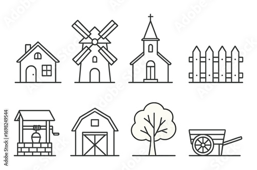 Minimalist farm icons: house, windmill, church, fence, well, barn, tree, wheelbarrow