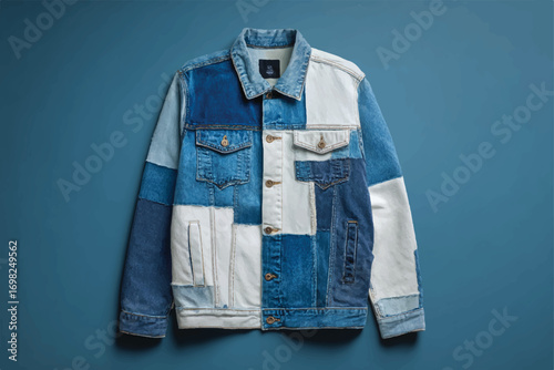 Stylish patchwork denim jacket with a unique design on a blue background for fashion enthusiasts