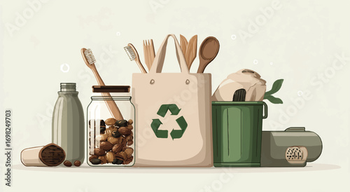 Sustainable lifestyle concept featuring reusable items such as bag glass jar and eco friendly kitchen tools promoting zero waste living