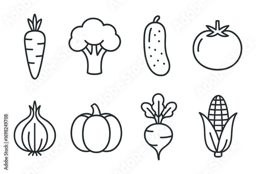 Vegetable silhouettes: carrot, broccoli, cucumber, tomato, onion, pumpkin, radish, corn