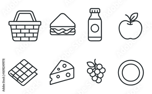 Simple line icons of picnic and food items on gradient background