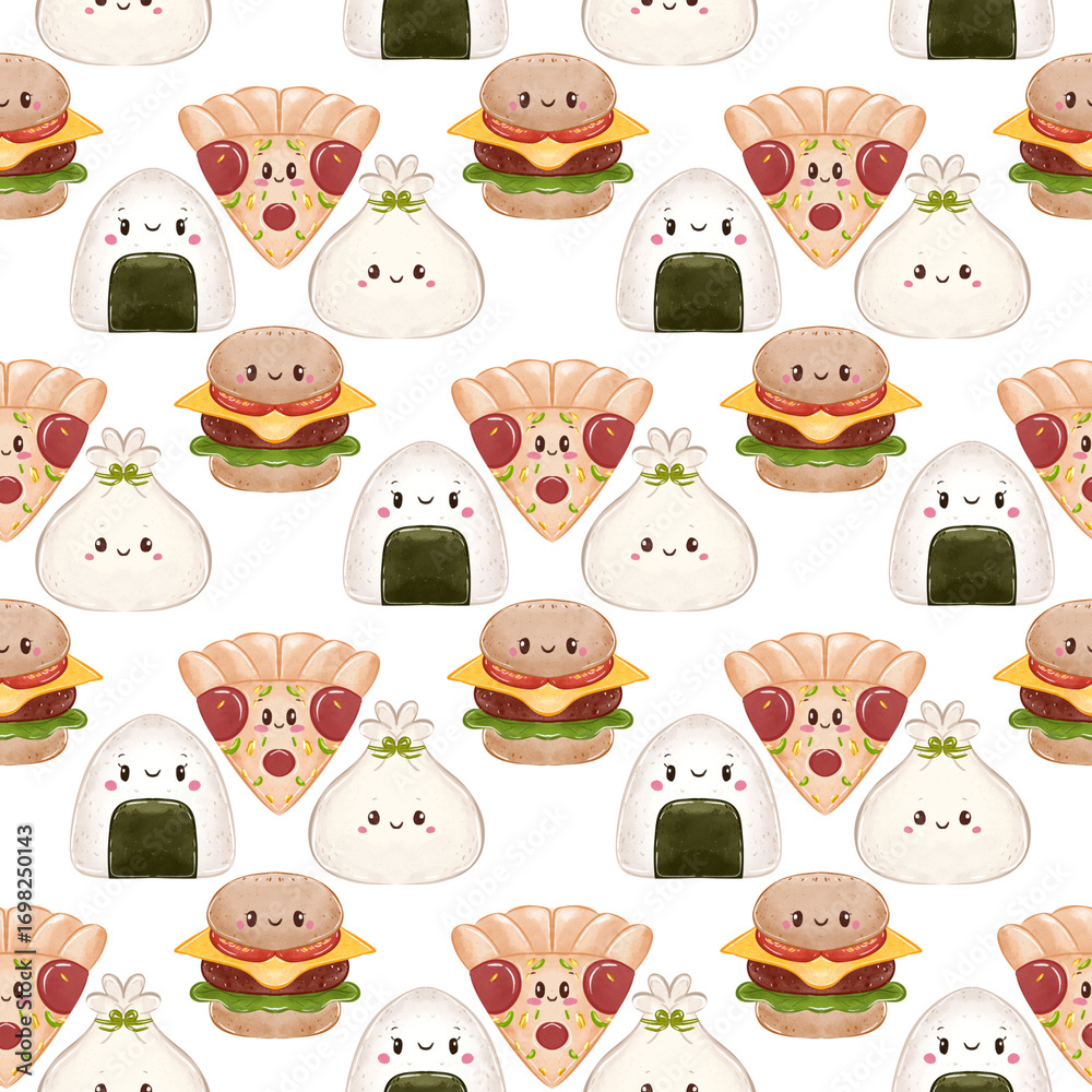 seamless pattern with street food, burger, pizza, onigiri and dumpling