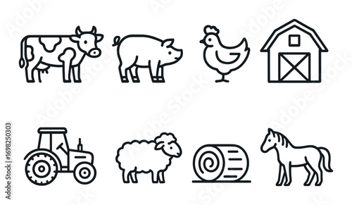 Simple farm animal icons: cow, pig, chicken, barn, tractor, sheep, hay, horse