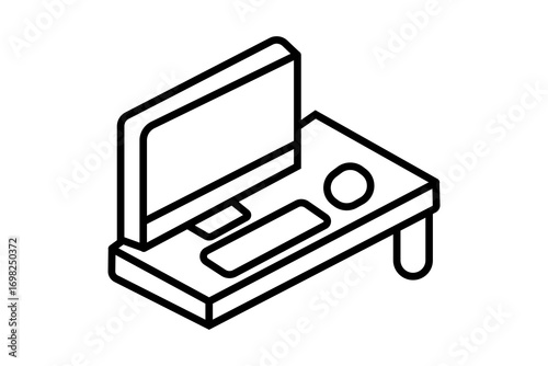 The drawing shows a flat desk surface holding a monitor, keyboard, and mouse, all outlined in clean, bold black lines.