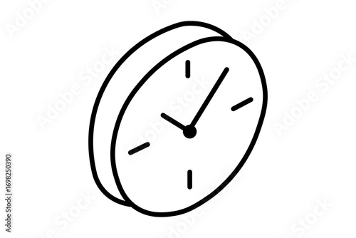 This is an isometric line illustration of a wall clock. The clock face is round with simple tick marks to indicate the hours, and two bold hands showing the time.