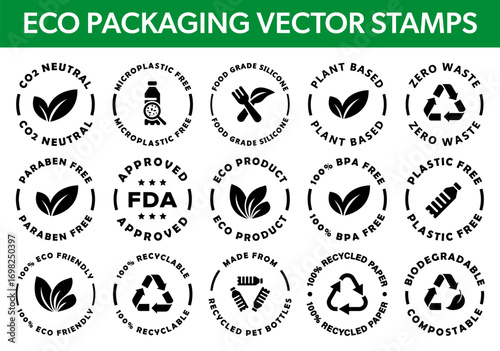 Vector stamps for eco recyclable packaging or box. Biodegradable and compostable container labels.