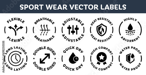 Sport and outdoor active wear signs - material properties vector labels.